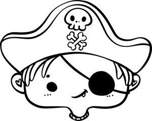 Cute Playful Halloween Pirate Costume Kid Doodle. Adorable Spooky Character outline.