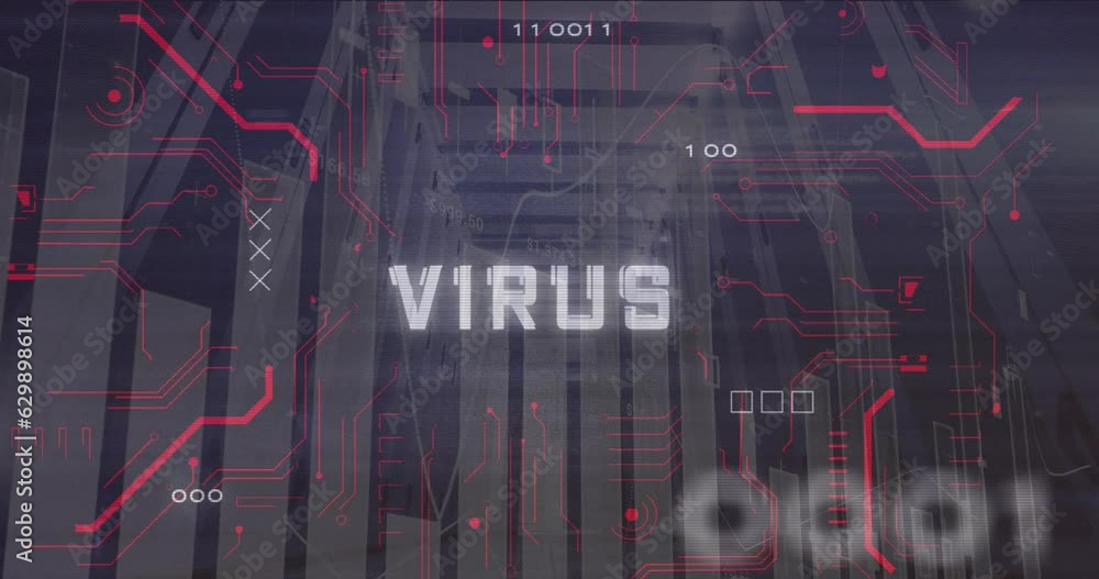 Poster animation of virus text and binary codes over graphs against low angle view of server room