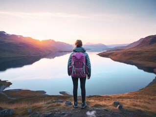 A young brunette female hiker wearing a blue down jacket and purple backpack looks out onto a lake at dawn. Her back is to the camera. Snowcapped mountains in the distance.