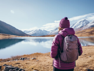Fototapeta premium A young brunette female hiker wearing a blue down jacket and purple backpack looks out onto a lake at mid-day. Her back is to the camera and the mountains are snowcapped. 