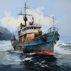 Naklejka premium time worn fishing boat on the sea . generative ai