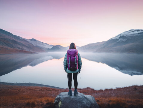 A young blonde female hiker wearing a blue down jacket and purple backpack looks out onto a lake at dawn. Her back is to the camera. 