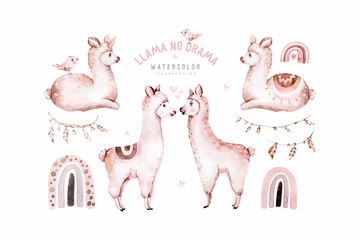 Cute watercolor llama, alpaca illustration isolated on white. Llama print ethnic blanket, flowers wreath, floral bouquet and boho mexican decoration © kris_art