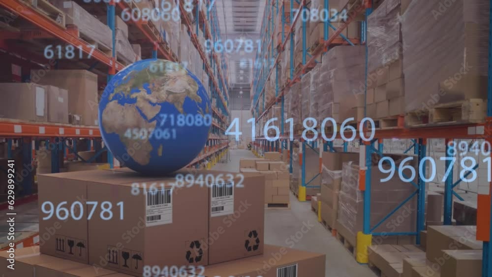 Poster animation of changing numbers over globe on cardboard boxes in warehouse