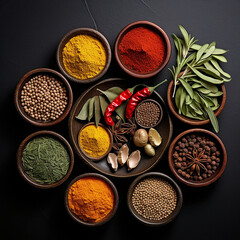 Top view of spices and herbs on a black table.