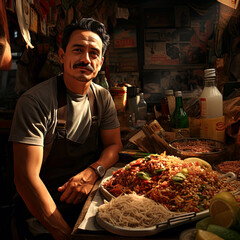 hispanic man street food vendor posing for a picture . Generative AI