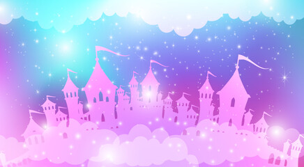Magic princess pink palace on a background of a sky.