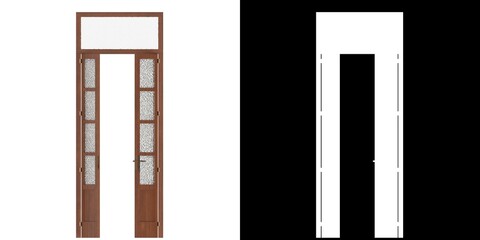 3D rendering illustration of a wooden door with glass panels and transom