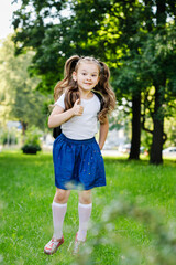 School, girl runs to school with backpack. concept of learning. 