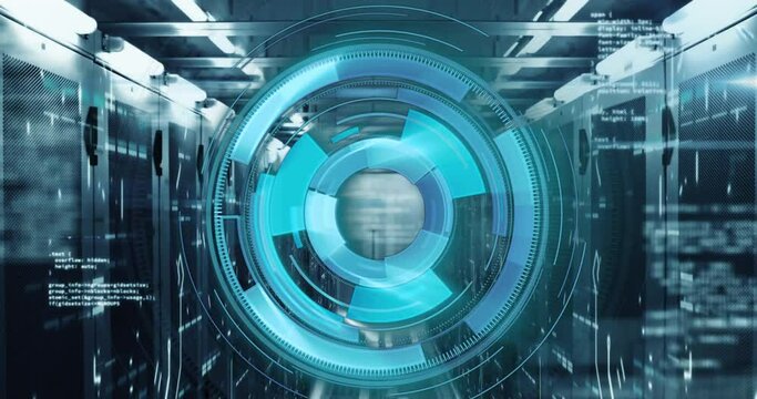Animation of loading circles over computer language against lines and bars on server room