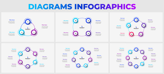 Fototapeta na wymiar Set of infographic presentation slides. Cycle diagrams with 3, 4, 5, 6, 7 and 8 steps, options, parts or processes. Vector illustration for business data visualization