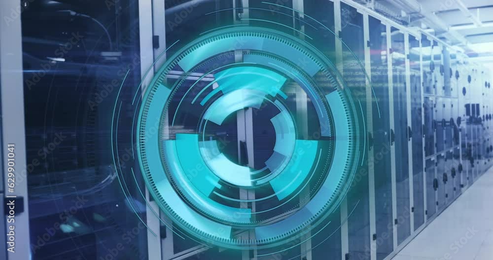 Poster animation of loading circles and computer language over lens flares against server room