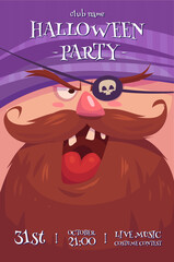 Halloween vertical background with cute pirate. Blindfolded pirate with open mouth and big beard. - 629901031
