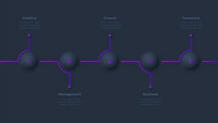 Dark neumorphic concept of development process with 5 steps, options, parts or processes. Infographic timeline