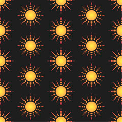 Grudient stylized dotted suns on black background. Geometric vector seamless pattern.