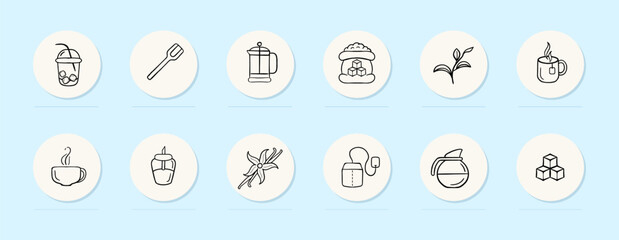 Sugar line icon. Sweets, cocktail, spoon, tea, cup, coffee, teapot, raffinate, cane. Pastel color background. Vector line icon for business
