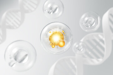 Cosmetic Essence, Liquid bubble, Molecule inside Liquid Bubble on DNA water splash background, 3d rendering