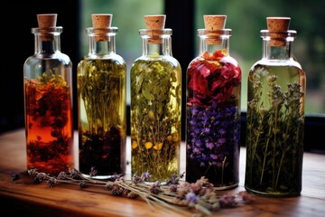 herbal infused oil bottles with dried herbs