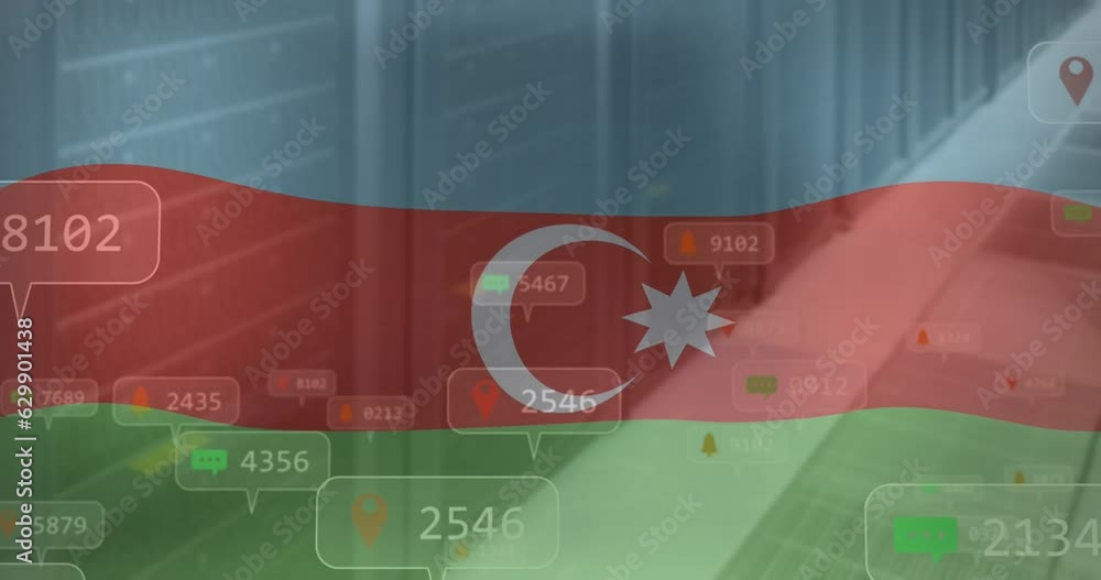 Poster animation of numbers and icon in notification bars over flag of azerbaijan against server room