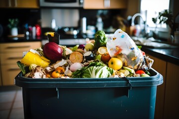 Filled to capacity household kitchen bin, shedding light on the urgent need for waste reduction and better domestic waste management