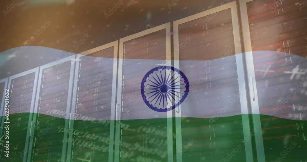 Aufkleber animation of computer language and flag of india over data server racks