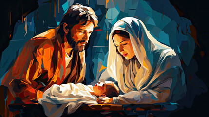 Portrait of Mary and Joseph with baby Jesus in a manger. Nativity of Jesus. Christmas concept. - obrazy, fototapety, plakaty