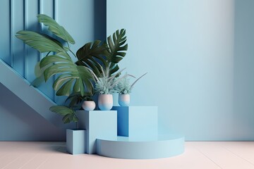 A podium for product displays is embellished with a background of light blue color. Generative AI