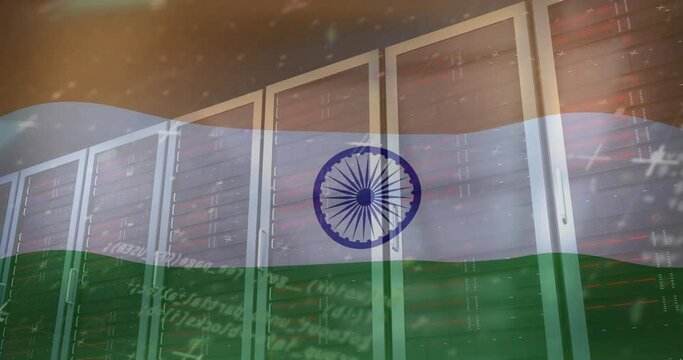 Animation of computer language and flag of india over data server racks
