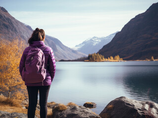 A young female hiker with brown hair wearing a purple down jacket and backpack stands in front of a lake at midday. Her back is to the camera. 