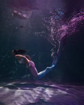 A Real Mermaid Swims In The Ocean In The Water Column With A Long Fish Tail