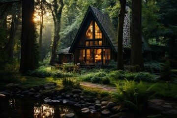 Rustic Cabin Nestled in a Peaceful Forest Clearing, Generative AI 