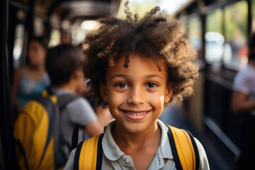 Portrait of a smiling happy elementary school multi ethnic boy against the background of a school bus. Fictional person. Ai generated