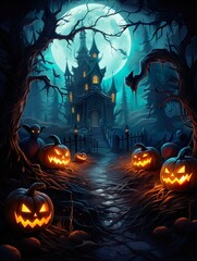 Halloween background haunted castle full moon on Halloween night made with generative ai technology