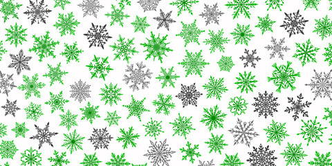 Christmas background of beautiful complex snowflakes in green, gray and white colors. Winter illustration with falling snow