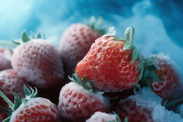 Fresh frozen strawberries with crystals of ice on blue background, selective focus image. Close up of frozen berries. Refreshing coolness wallpaper. Modern macro shot of beautiful red strawberries.