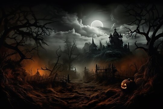 Halloween background haunted castle full moon on Halloween night made with generative ai technology
