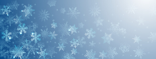 Naklejka na ściany i meble Christmas background of beautiful complex big and small snowflakes in light blue colors. Winter illustration with falling snow