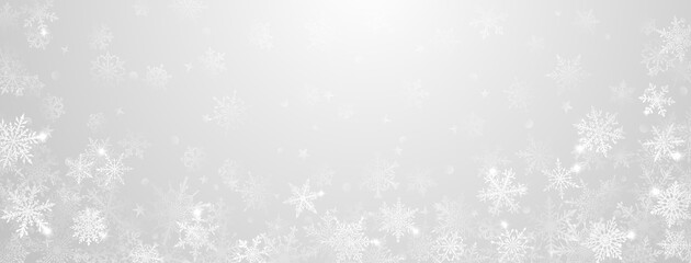 Christmas background of beautiful complex big and small snowflakes in gray colors. Winter illustration with falling snow