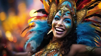 Abwaschbare Fototapete Brasilien Brazilian woman wearing costume celebrating carnival. Generative AI.