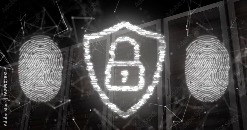 Aufkleber animation of fingerprints and padlock in shield over connected dots against server racks