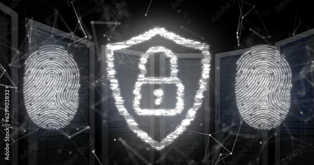 Poster animation of fingerprints and padlock in shield over connected dots against server racks