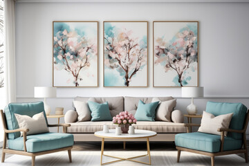 Modern interior design of bright scandi-boho living room, paintings on the wall, wooden coffee table and armchair. Generative AI