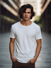 Fototapeta premium Young male model wearing white shirt (mockup)
