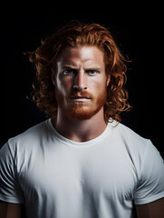 Obraz premium Man with red ginger hair wearing a white t-shirt (mockup)