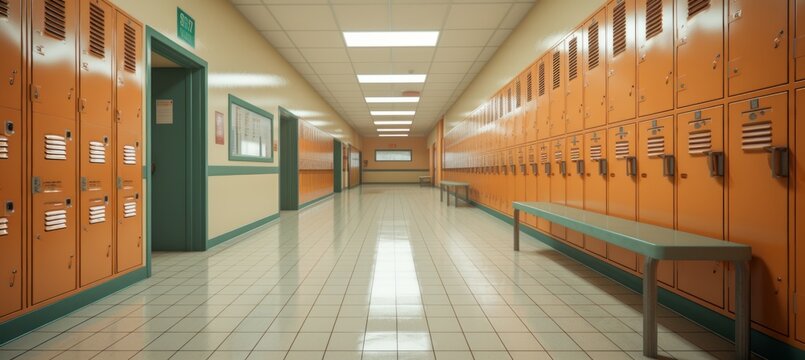 Retro school corridor with line up orange lockers. Generative AI technology.	

