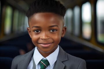 Portrait of a smiling happy multi-ethnic elementary school boy dressed in a formal school uniform with a backpack on his back against the background of a school bus. Warm sunny day. Inauguration of