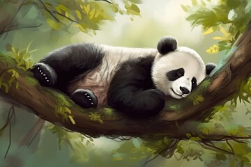 Panda Bear Sleeping on a Tree Branch China Wildlife. Ai generative.