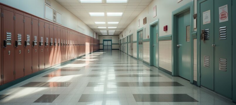 Empty school hallway. Generative AI technology.	
