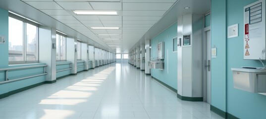 Empty hospital hallway interior. Generative AI technology.