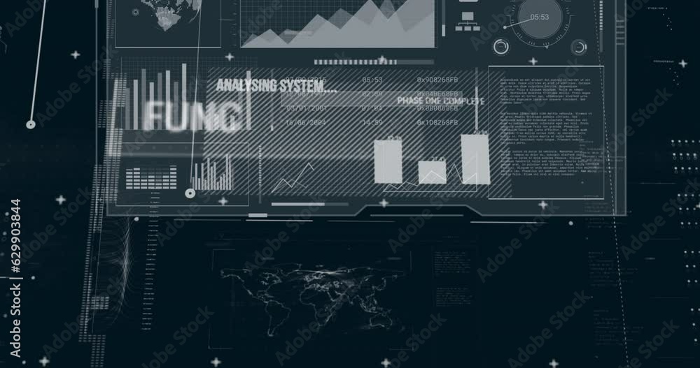 Poster animation of multiple graphs, globes, text, map and loading bars over black background